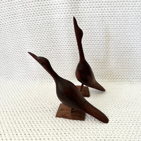 Mid Century Modern MCM Teak Pair Bird Standing Perched Figurines 7.5" 10" - Picture 8 of 8